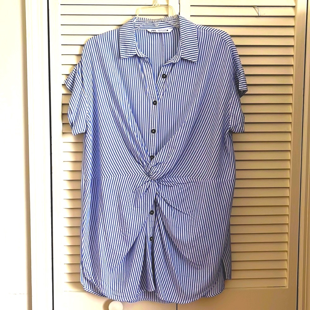 Zara Small White Blue Striped Shirt-Dress